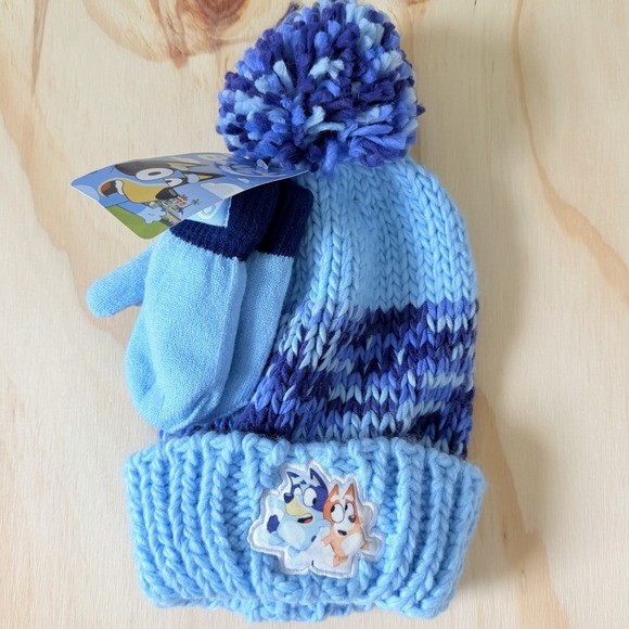 Berkshire Other - Bluey & Bingo Figures Hat Knit Pom Pom Toddler 2T-5T THICK Beanie Mittens